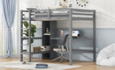 Full Size Loft Bed with Multifunction Shelves and Under-bed Desk, Gray
