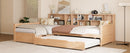 Twin Size Wooden L Shaped Daybed with Under-bed Trundle and Storage Drawer, Versatile Corner Bed Frame with Bookcases for 3, Natural