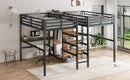 Twin Over Twin Metal Loft Bed with Double Desk and Wardrobe and Shelves with Electrical Outlet for Space Saving and Noise Reduction, woodgrain