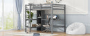 Full Size Loft Bed with Multifunction Shelves and Under-bed Desk, Gray