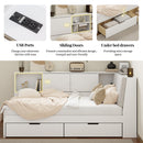 White Wooden Full Size L-shaped Daybed with Storage Bookcase, Upholstered Headboard, USB Charging Ports