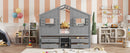 Full Size House Loft Bed with Roof, Windows,4 Storage Drawers,Pine Wooden Bed with Safety Guardrails,Ladder,Grey