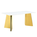 Table and chair set.63'x31.5x30' Luxurious Snow Mountain Patterned Sintered Stone Table with Golden Stainless Steel Butterfly Legs.Paried With 4 Black High-quality PU Chairs With Arched Metal Legs.