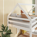 Twin over Twin Rubber Wood Floor Bunk Bed, with ladder,Guardrails,House-Shaped-Bunk Bed,White