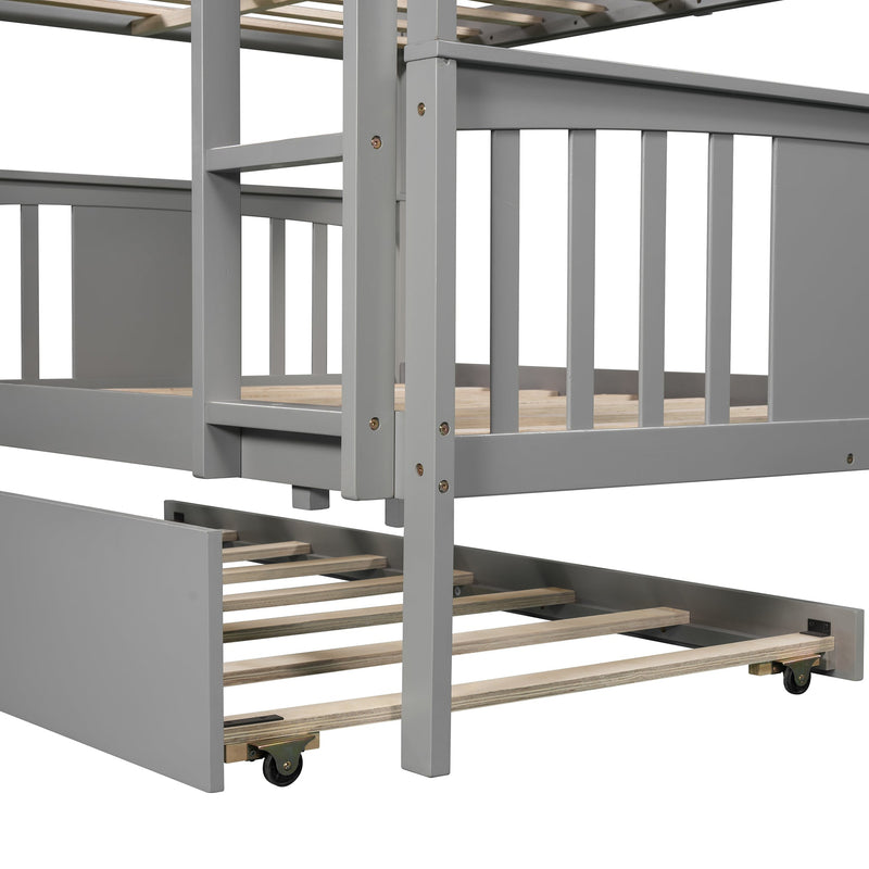 Full over Full Bunk Bed with Twin Size Trundle and Ladder-White