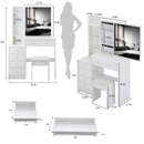 37' Middle Size Left Bedside Cabinet Vanity Table + Cushioned Stool, Extra Large Right sliding mirror, Multi Layer High Capacity Storage, Practical Fashionable Dresser, Suitable For Large Space