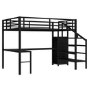 Queen Size Loft Bed with L-shaped Desk and USB, Metal Loft Bed with Wardrobe and Adjustable Shelf, High Loft Bed with LED for Kids Teens Adults, Black
