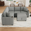 Multi-Functional Sectional Sofa Convertible Pull-out Bed with Storage Ottoman, USB Ports, Cup Holders, Chenille, Gray, 84.7'