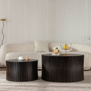 Vintage Fashion Style Cylindrical Nesting Coffee Table Set with Vertical Textured Embossed Design for Living Room, Office and Dining Room, Dark Brown (Set of 2)