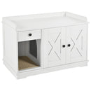 GO Cat Litter Box Enclosure, Litter Box Furniture Hidden with Cat Litter Mat, Indoor Cat House with Storage Drawer Side Table, Farmhouse Style Cat Box Cabinet for Living Room, White