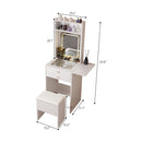 Vanity Desk with Lighted Mirror, Makeup Vanity Desk with Drawers and Storage Cabinet  for Bedroom, Glass Desktop, 3 Lighting Modes Adjustable Brightness, Storage Stool, White