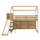 Walker Edison - Twin Size Wood House Loft bed with Slide, Storage shelves and Light, Climbing Ramp, Wood Color
