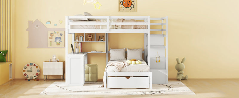 Full Over Twin Bunk Bed with Desk, Drawers and Shelves, White