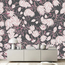 Modish Modern Grey Wallpaper with Pink Flowers