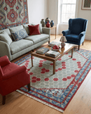 7x10 Hand Knotted Gray, Red and Blue Traditional  Wool Rug