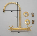 8" Unlacquered Brass Kitchen Wall Mount Faucet, Gooseneck Faucet