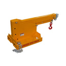 Yellow crane hook with red 'Danger Stay Back' warning on a white background