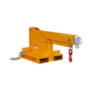Yellow lifting device with a red hook on a white background