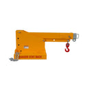 Yellow crane hook with red warning label on a white background
