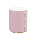 Upholstered Nightstand with 3 Drawers, Round Bedside Table with Metal Handles,Marbling Stickers Top Night Table for Bedroom, Fully Assembled Except Handles, Pink