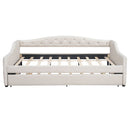 Elegant Upholstered Full XL Size Daybed with LED Belt and Trundle, Beige Linen Finish