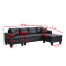 Modern Sectional Sofa Set with L Shape Chaise Lounge, Cup Holder, Black PU, 4 Seat
