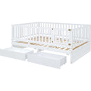 Full Size Wood Daybed with Fence Guardrails and 2 Drawers, Split into Independent Floor Bed & Daybed, White