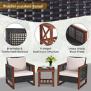 3 Piece Patio Wicker Furniture Set With Beige Washable Cushions And Acacia Wood Coffee Table