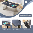 Table and chair set.63'x31.5x30' Black Marble-Patterned Slabs Tabletop with Stainless Steel Butterfly Legs.Paired with 4 white PU dining chairs with a vertical stripe design on the backrest.