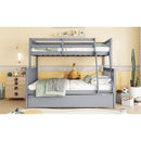 Twin Over Full Rubber Wood Bunk Bed with Trundle, Convertible Ladder and Guardrail, Detachable, Convertible Bed, with Twin Size Trundle  ,Grey