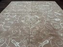 Tibetan Rug 9x12 Wool and Silk Beige Modern Handmade Carpet