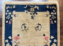 Antique Chinese Peking Rug 3x6, Beige and Dark Blue Hand Knotted Handmade Asian Oriental Carpet, Floral Vases, Vintage Wool Art Deco Rug