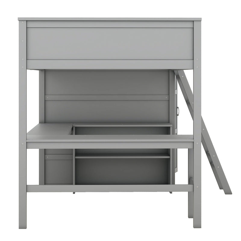 Full size Loft Bed with Desk, Shelves and Wardrobe-Gray