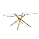 Table and chair set.Modern Luxurious Transparent Tempered Glass Dining Table Set with 8 Chairs.Single Fork Golden Metal Table Legs.Black high-quality PU dining chairs with golden metal legs.