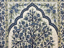 Tree of Life Indian Hand Stitched Rug 4x6, Indian Wall Hanging Rug, Ivory Blue, Silk on Cotton, Vintage