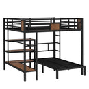 Queen Over Twin Bunk Bed with storage area on upper bed, lower bed with hangers and shelves, Space-Saving/Noise Reduced,black