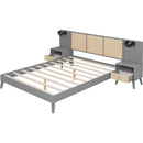 Queen Size Solid Wood Bed Frame with 2 Nightstands, Elegant Design with Lamps, Rattan and Wood Combination,Gray