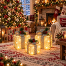 Set of 3 Christmas Lighted Gift Boxes, Warm White Tinsel Boxes, Xmas Decor