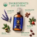 Organic Body Oil Dry Skin 8oz - After Shower Natural Face Oil & Body Moisturizer with Cold Pressed Almond, Olive, Jojoba, Rosehip, Vitamin E & Lavender oils. Clean Facial Skin Care for Women & Men