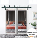 Lucia 1299 Matte White Double Barn Door with Mirror Glass and Black Bypass Rail