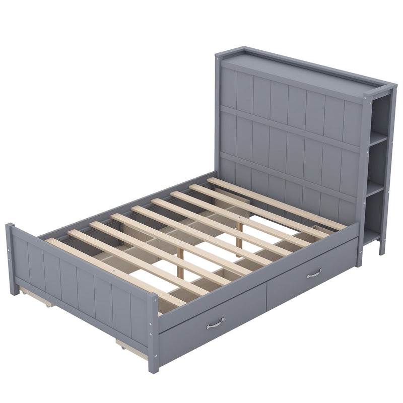 Full Size Platform Bed with Drawers and Storage Shelves, Gray