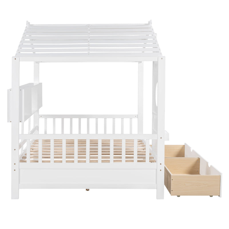 Wooden Full Size House Bed with 2 Drawers,Kids Bed with Storage Shelf, White