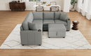 Multi-Functional Sectional Sofa Convertible Pull-out Bed with Storage Ottoman, USB Ports, Cup Holders, Chenille, Gray, 84.7'
