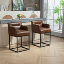 Counter Height Bar Stools Set of 2, Modern Square Bar Stool with Back, Black Metal Frames, Upholstered Bar Stools for Kitchen Island, Pub, Club (Brown PU)