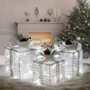 Set of 3 Christmas Lighted Gift Boxes, Silver Tinsel Boxes for Xmas Decor