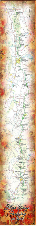 Blue Ridge Parkway Map Home Decor Art Print (9.5"x59") | Wall Art Print on Real Wood