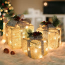 Set of 3 Christmas Lighted Gift Boxes, Warm White Tinsel Boxes, Xmas Decor