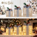 Set of 3 Christmas Lighted Gift Boxes, Warm White Tinsel Boxes, Xmas Decor