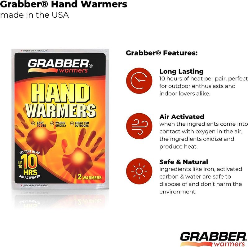 Grabber Hand Warmers - Long Lasting Safe Natural Odorless Air Activated Warmers - Up to 10 Hours of Heat - 10 Pair Pack