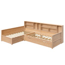 Twin Size Wooden L Shaped Daybed with Under-bed Trundle and Storage Drawer, Versatile Corner Bed Frame with Bookcases for 3, Natural